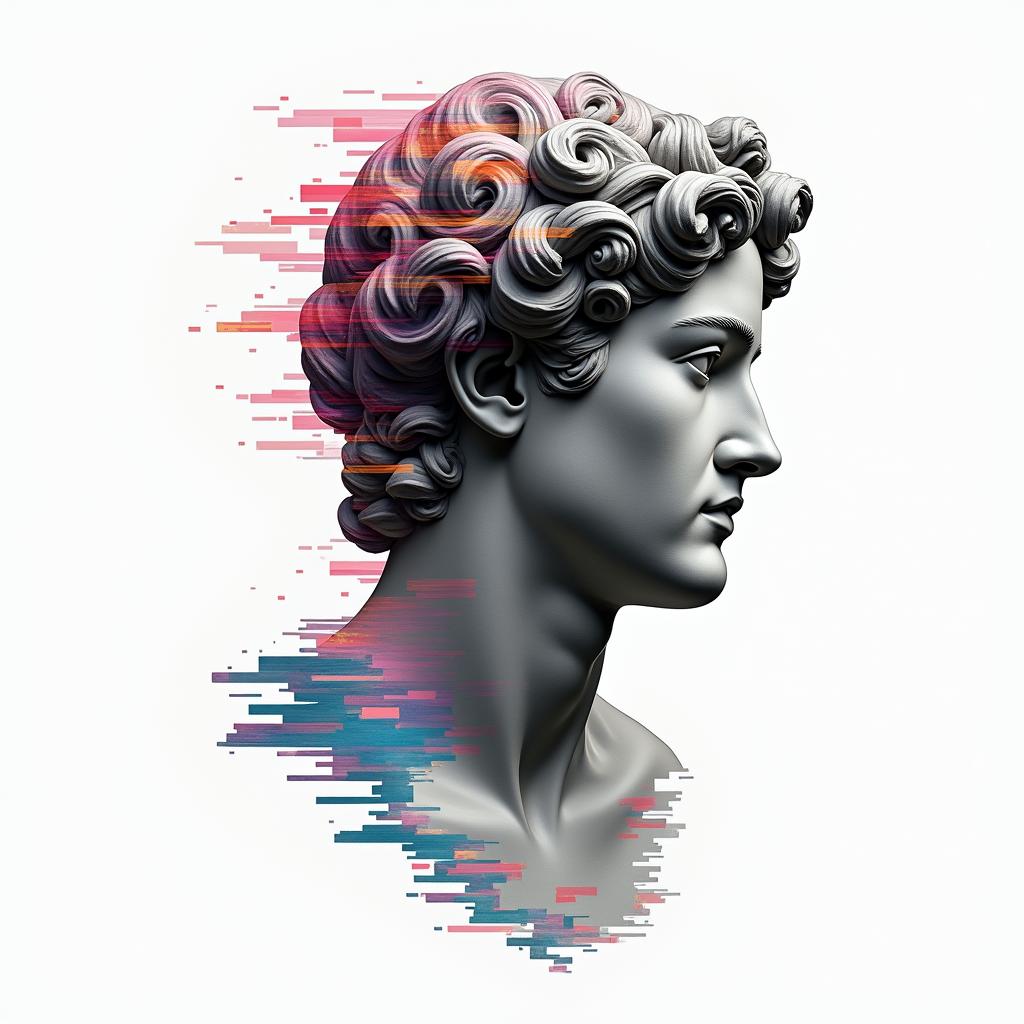 Samuele, half Italian and half English, who loves large animals and is a Pisces, lives in Italy.in distorted and fragmented tattoo design, featuring a classical statue bust, in a glitch art style with vibrant, overlapping colors of cyan, magenta, and yellow, creating a digital distortion effect - Variation 5