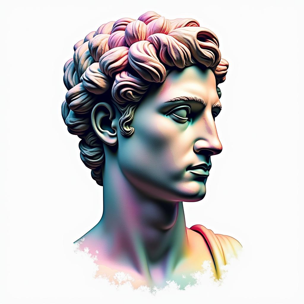 Samuele, half Italian and half English, who loves large animals and is a Pisces, lives in Italy.in distorted and fragmented tattoo design, featuring a classical statue bust, in a glitch art style with vibrant, overlapping colors of cyan, magenta, and yellow, creating a digital distortion effect - Variation 6