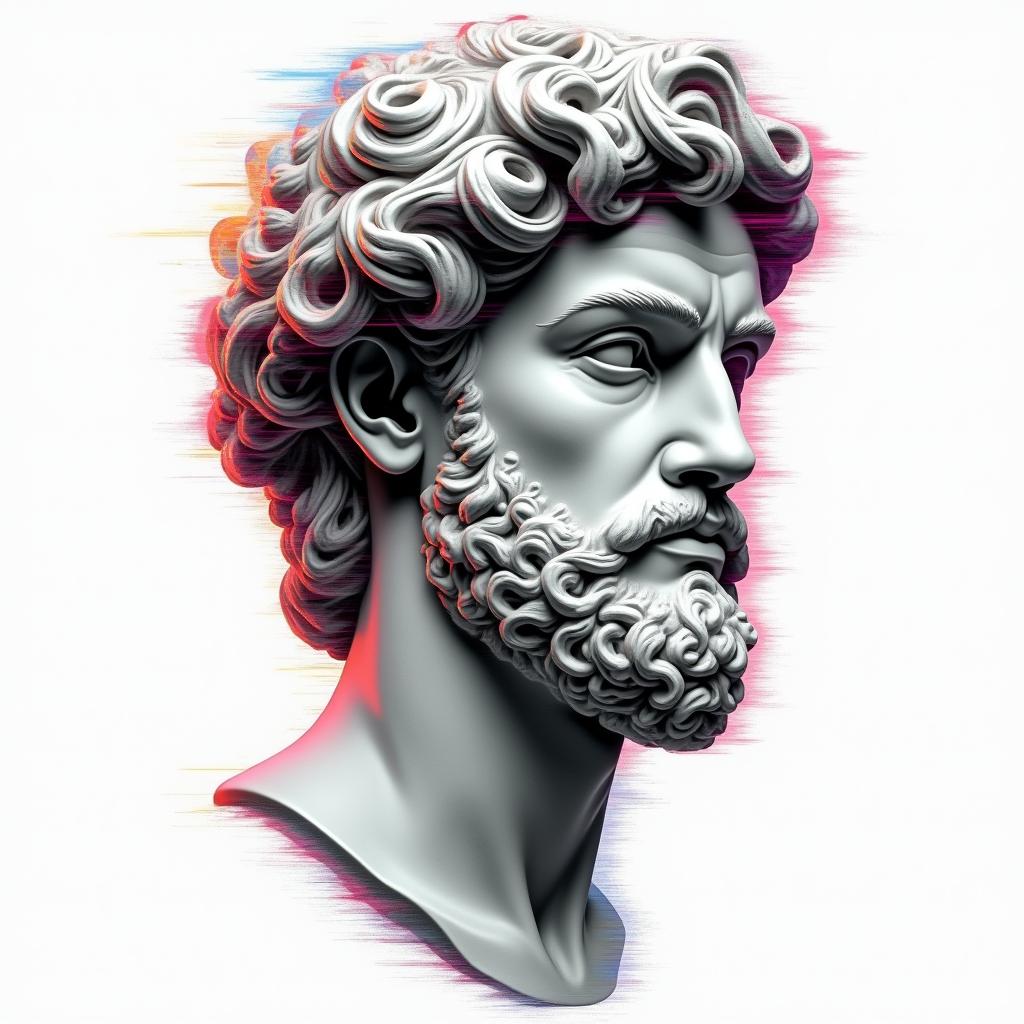 Samuele, half Italian and half English, who loves large animals and is a Pisces, lives in Italy.in distorted and fragmented tattoo design, featuring a classical statue bust, in a glitch art style with vibrant, overlapping colors of cyan, magenta, and yellow, creating a digital distortion effect - Variation 8