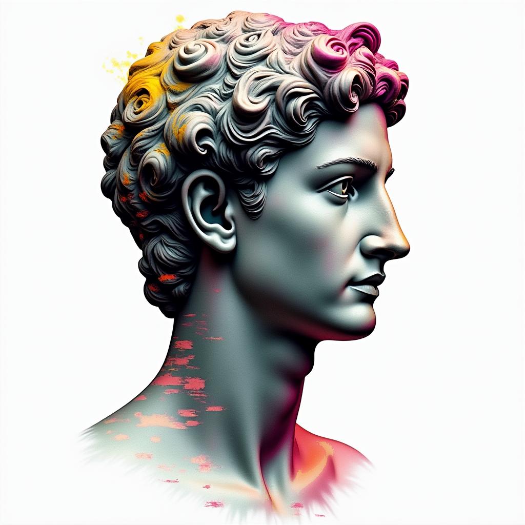 Samuele, half Italian and half English, who loves large animals and is a Pisces, lives in Italy.in distorted and fragmented tattoo design, featuring a classical statue bust, in a glitch art style with vibrant, overlapping colors of cyan, magenta, and yellow, creating a digital distortion effect - Variation 2