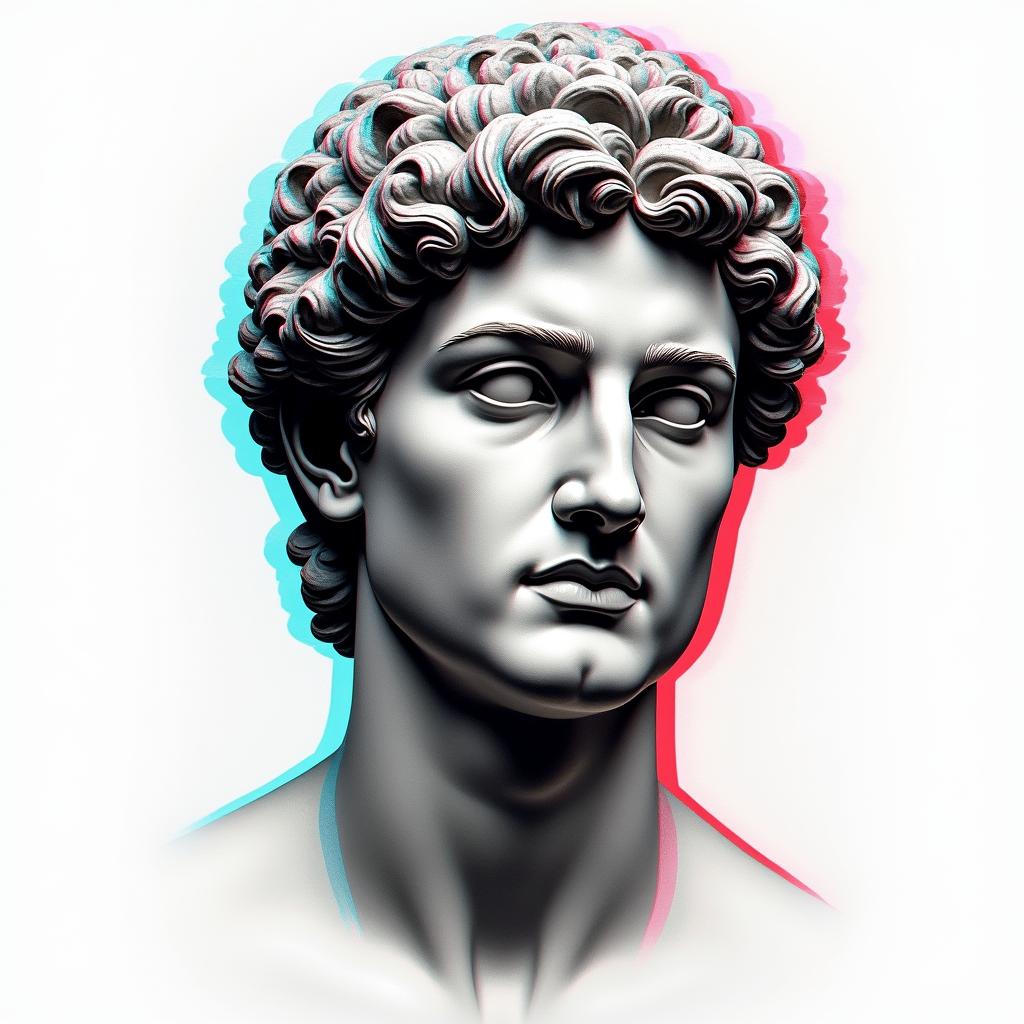 Samuele, half Italian and half English, who loves large animals and is a Pisces, lives in Italy.in distorted and fragmented tattoo design, featuring a classical statue bust, in a glitch art style with vibrant, overlapping colors of cyan, magenta, and yellow, creating a digital distortion effect