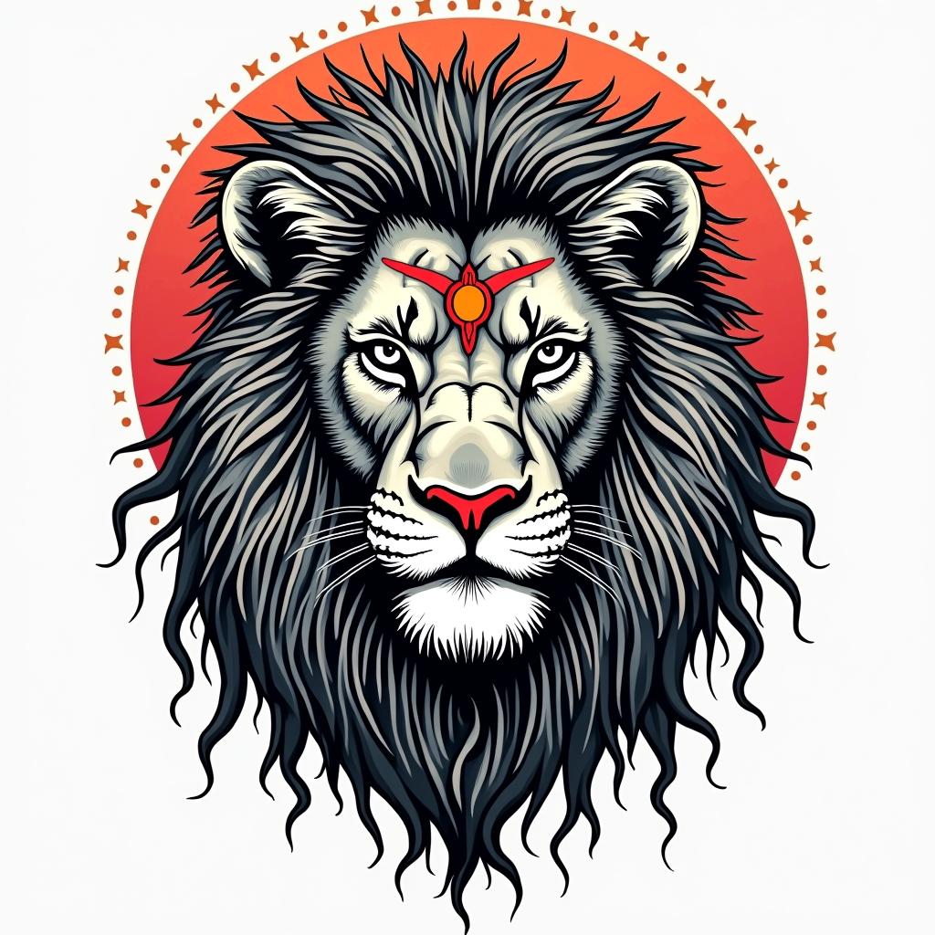 Lion, mystical, with a witch knot on its forehead.in pop art style tattoo, featuring bold and vibrant colors, exaggerated outlines, iconic imagery, inspired by comic books and speech bubbles, comic book characters, retro pop culture