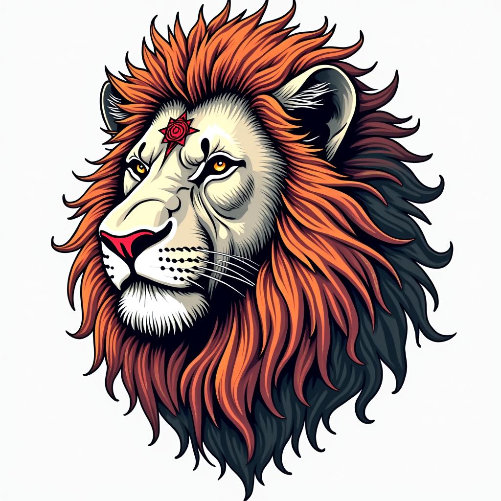 Lion, mystical, with a witch knot on its forehead.in pop art style tattoo, featuring bold and vibrant colors, exaggerated outlines, iconic imagery, inspired by comic books and speech bubbles, comic book characters, retro pop culture - Variation 4
