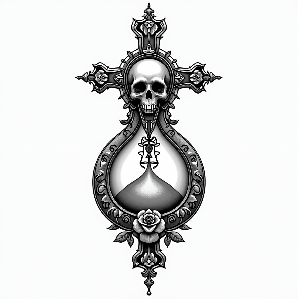 Compass hourglass tearin chicano style tattoo, featuring intricate black and grey shading, bold elements of traditional chicano culture symbols, add a big cross with skull, chains and roses