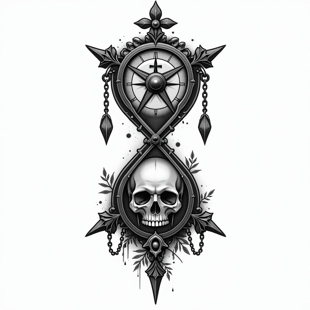 Compass hourglass tearin chicano style tattoo, featuring intricate black and grey shading, bold elements of traditional chicano culture symbols, add a big cross with skull, chains and roses - Variation 2