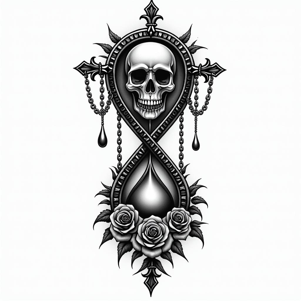 Compass hourglass tearin chicano style tattoo, featuring intricate black and grey shading, bold elements of traditional chicano culture symbols, add a big cross with skull, chains and roses - Variation 3