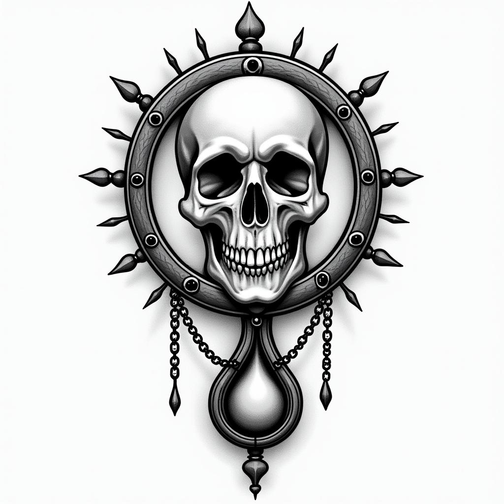 Compass hourglass tearin chicano style tattoo, featuring intricate black and grey shading, bold elements of traditional chicano culture symbols, add a big cross with skull, chains and roses - Variation 4