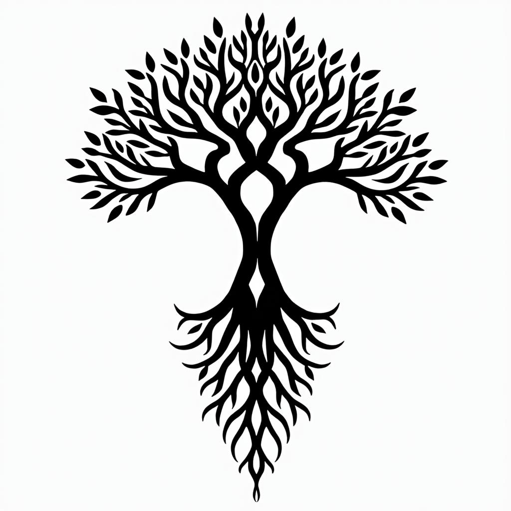 Tree of life with roots and branchesin tribal tattoo style, featuring bold and black geometric shapes, curved lines, intertwine and flow seamlessly, creating a powerful and symbolic design, polynesian and maori styles