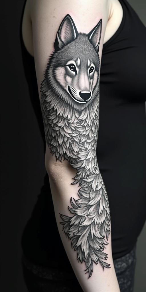 arm cover up, mix of wolf and phoenixin ornamental tattoo style, featuring intricate symmetrical patterns and floral designs, showcasing highly detailed line work and geometric shapes, creating a sense of elegance and balance