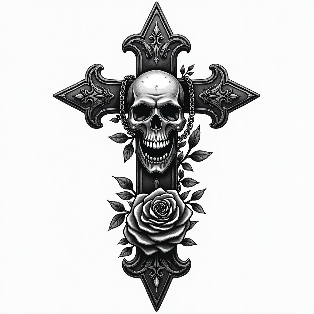 Life of a mix race kid growing upin chicano style tattoo, featuring intricate black and grey shading, bold elements of traditional chicano culture symbols, add a big cross with skull, chains and roses - Variation 5
