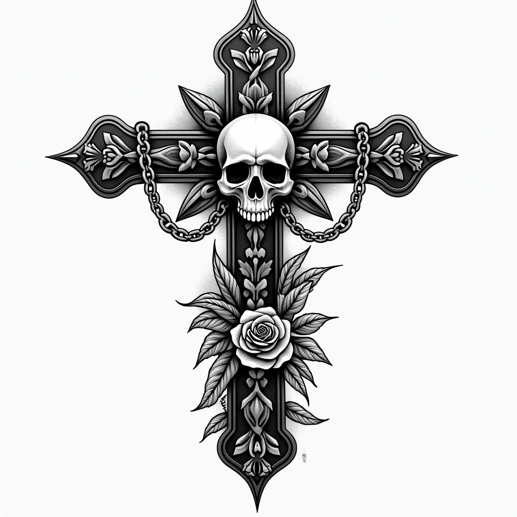 Life of a mix race kid growing upin chicano style tattoo, featuring intricate black and grey shading, bold elements of traditional chicano culture symbols, add a big cross with skull, chains and roses - Variation 6