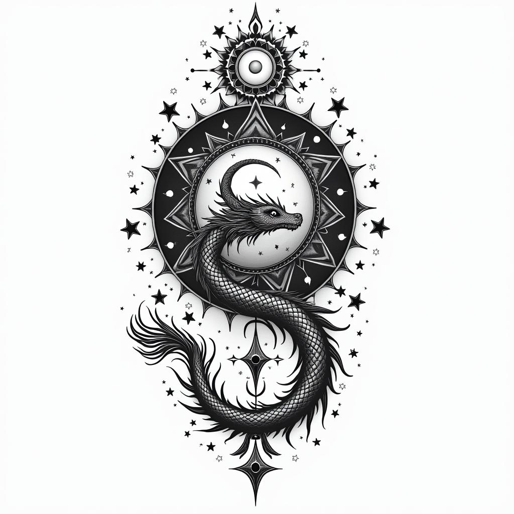 Flowing water, enlightened soul, full moon,year of the dragon, 88in prophecy tattoo style, featuring mystical symbols, celestial imagery like stars, moons, suns, geometric patterns, foretelling elements, an eye of wisdom
