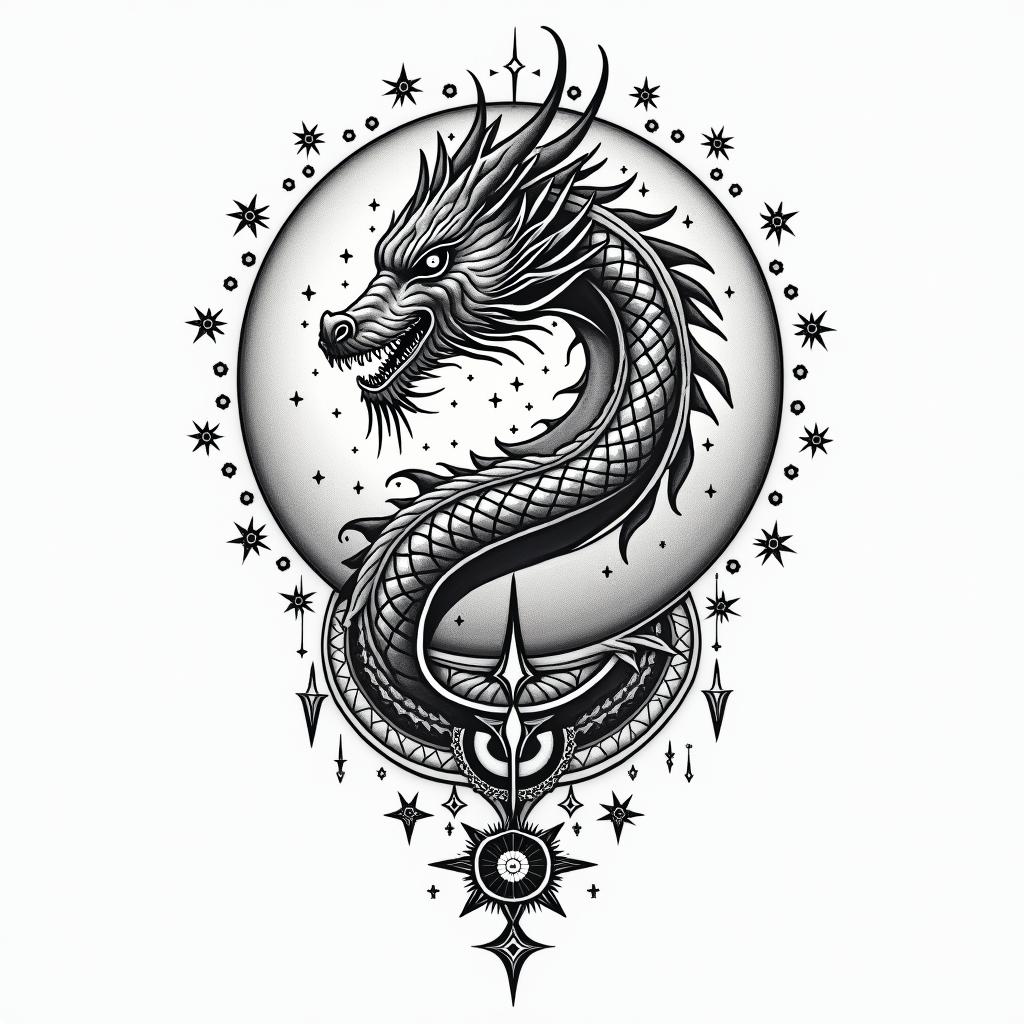 Flowing water, enlightened soul, full moon,year of the dragon, 88in prophecy tattoo style, featuring mystical symbols, celestial imagery like stars, moons, suns, geometric patterns, foretelling elements, an eye of wisdom - Variation 2