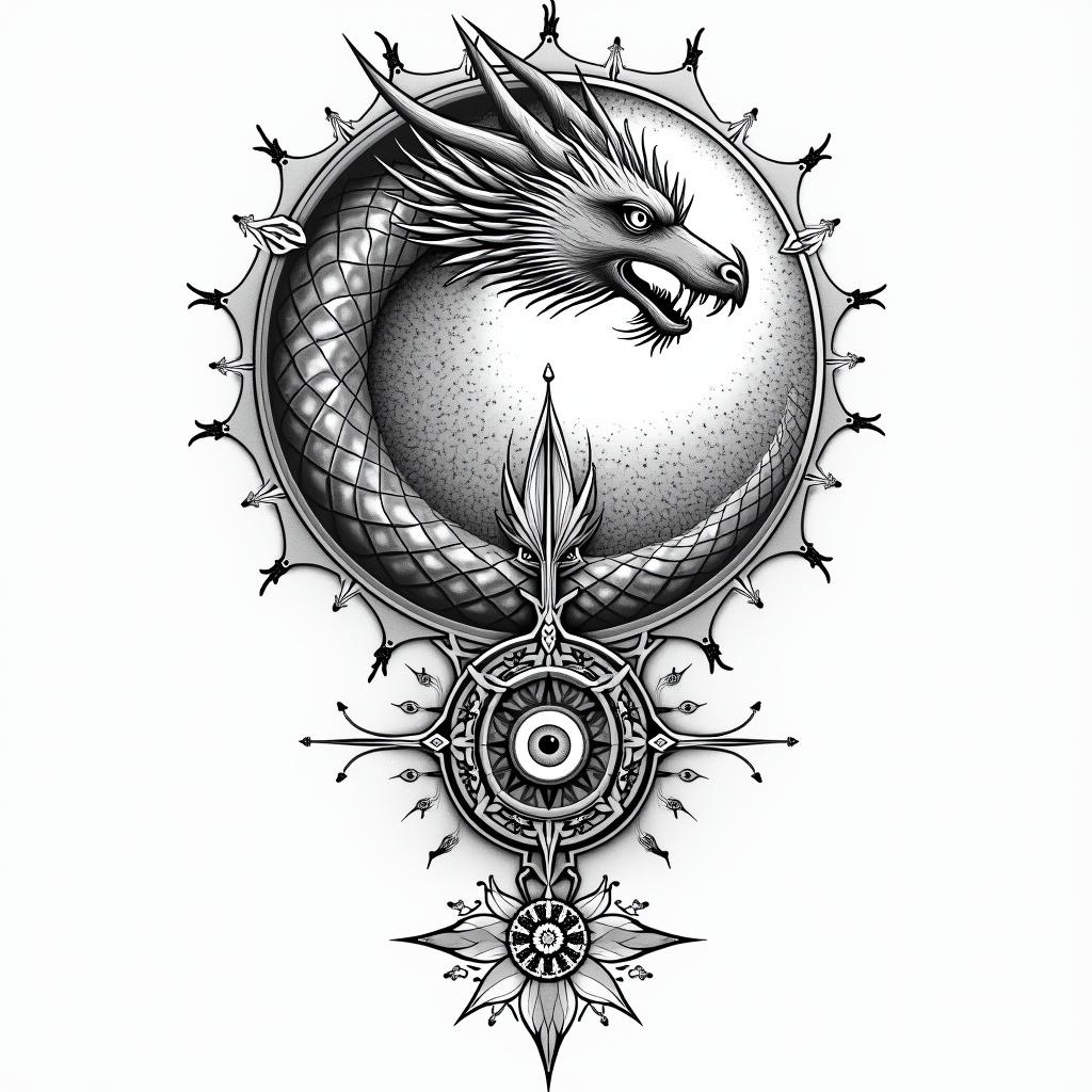 Flowing water, enlightened soul, full moon,year of the dragon, 88in prophecy tattoo style, featuring mystical symbols, celestial imagery like stars, moons, suns, geometric patterns, foretelling elements, an eye of wisdom - Variation 3