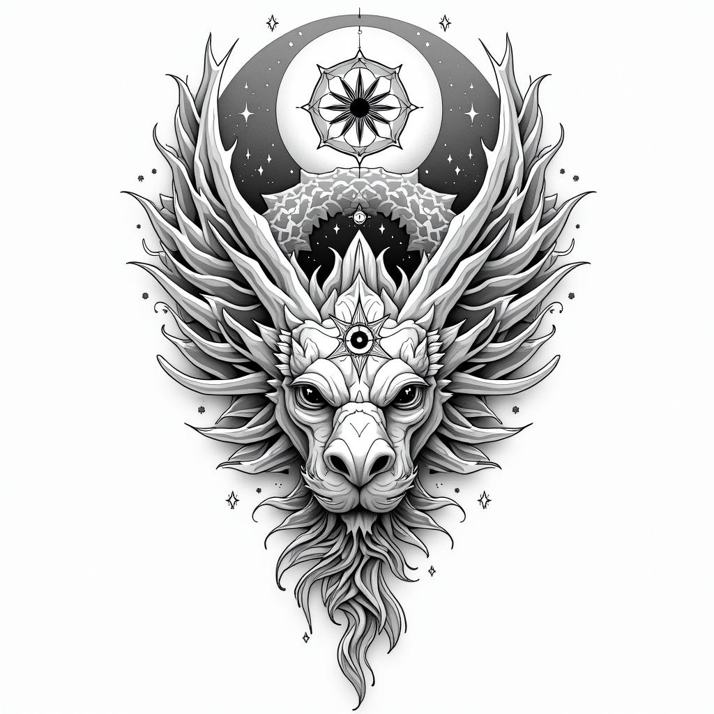 Flowing water, enlightened soul, full moon,year of the dragon, 88in prophecy tattoo style, featuring mystical symbols, celestial imagery like stars, moons, suns, geometric patterns, foretelling elements, an eye of wisdom - Variation 4