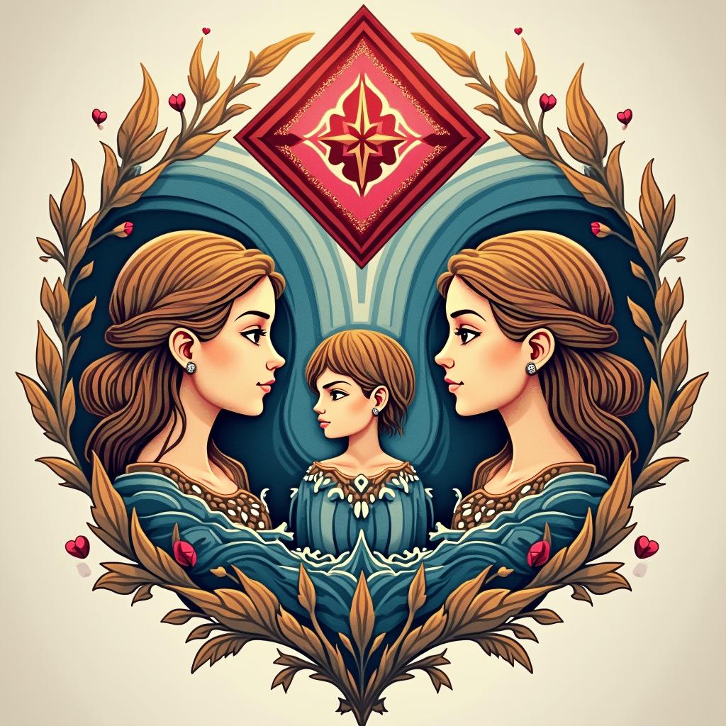A family tattoo in Nordic style with vivid colors. It interweaves a river for River, a warrior symbol for Chandler, a ruby for Abigail, a musical note for Sailor, an autism infinity for David, and a symbol of brilliance for the youngest, reflecting love and unity.undefined