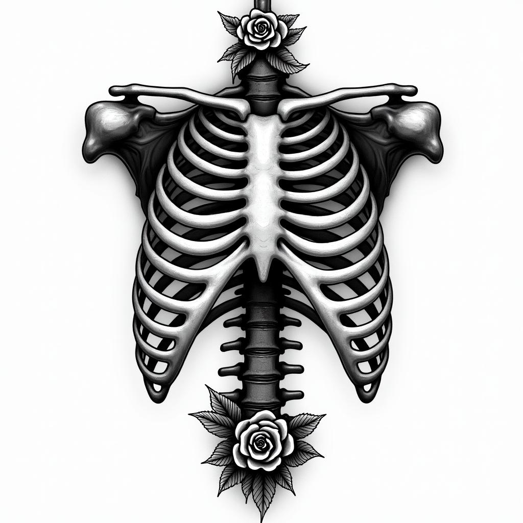 A skeleton rib cage with the army military ranks down the middle of the image black and whitein chicano style tattoo, featuring intricate black and grey shading, bold elements of traditional chicano culture symbols, add a big cross with skull, chains and roses