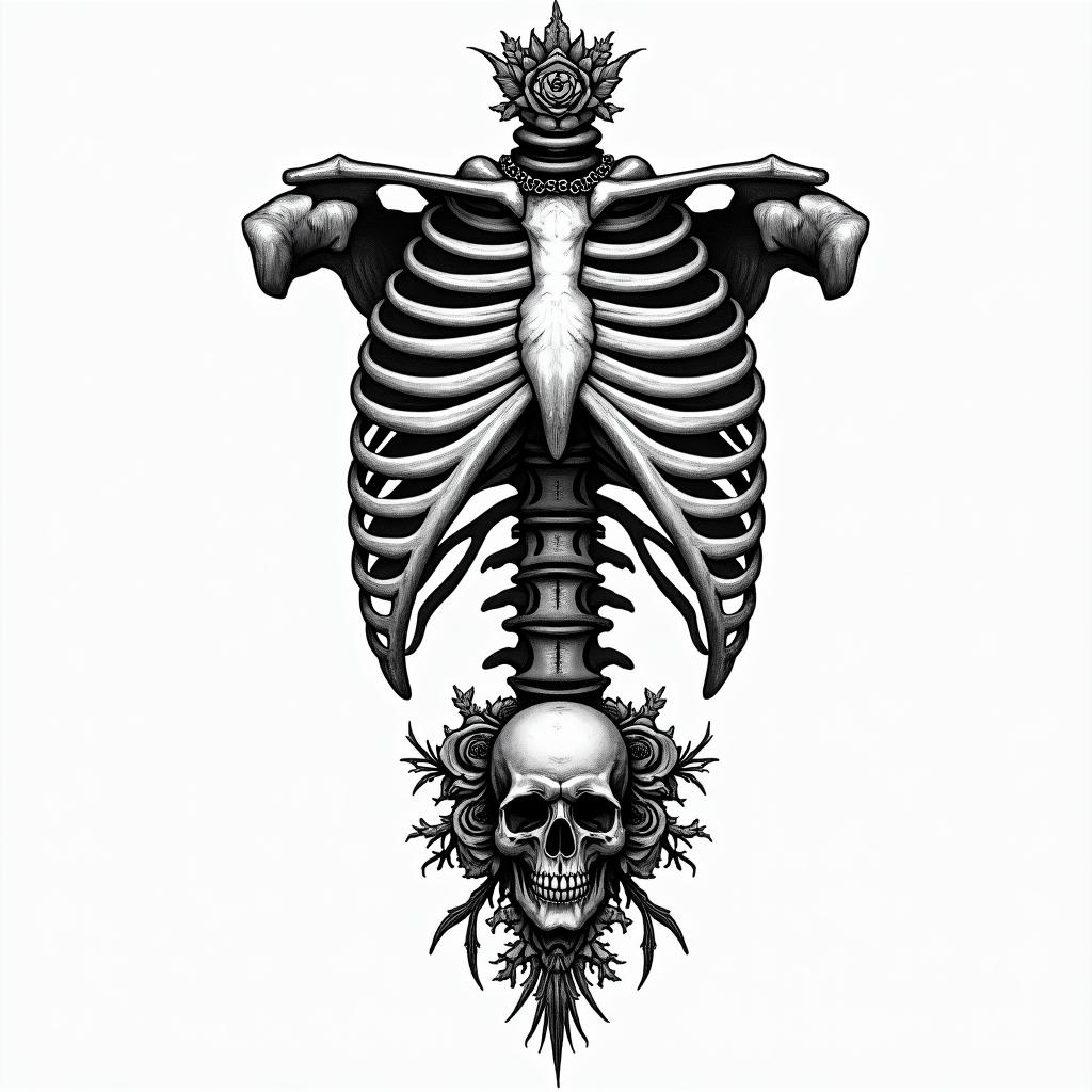 A skeleton rib cage with the army military ranks down the middle of the image black and whitein chicano style tattoo, featuring intricate black and grey shading, bold elements of traditional chicano culture symbols, add a big cross with skull, chains and roses - Variation 3