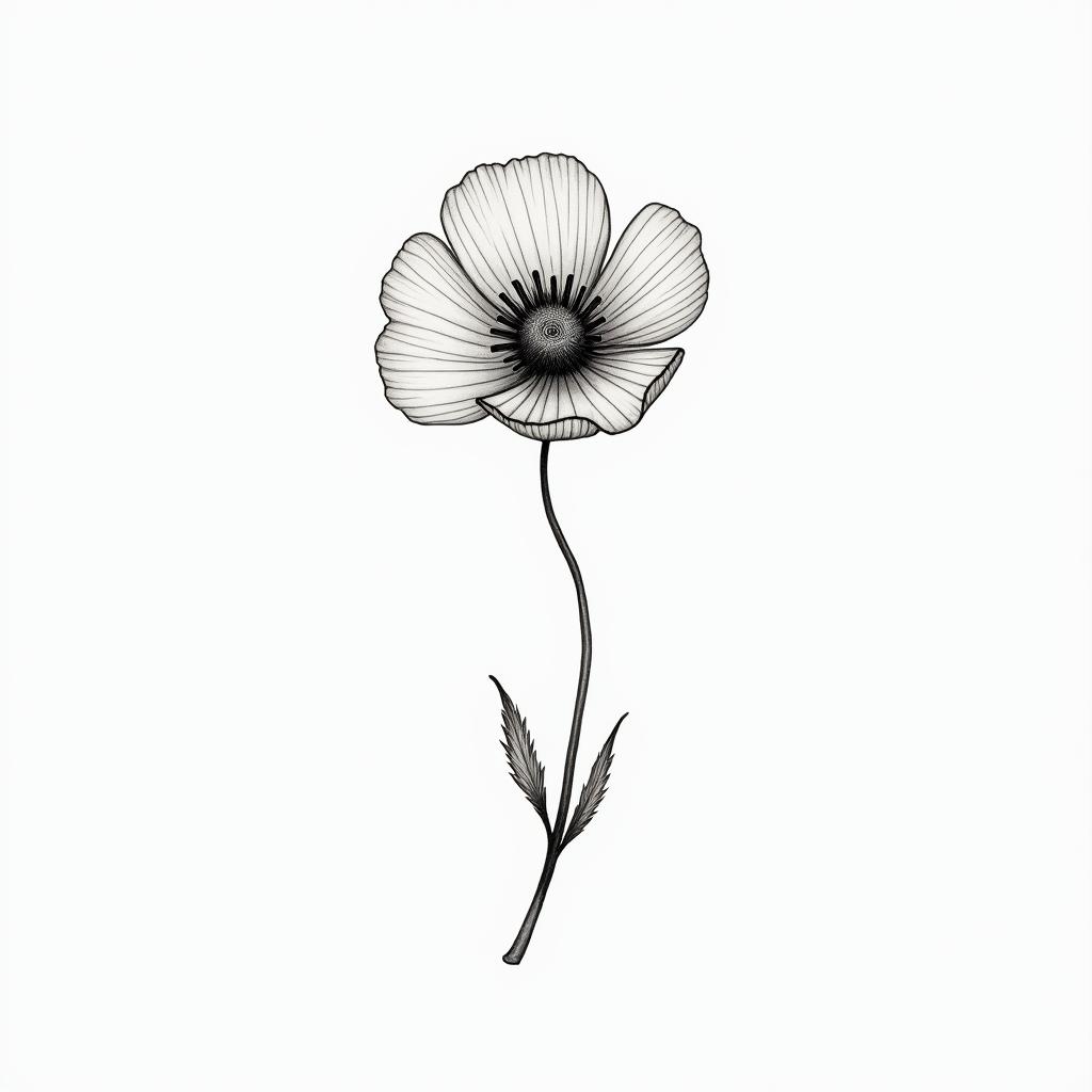 Simple poppy flowerin Modest style tattoo, featuring soft, delicate line work with simple and meaningful symbols, gentle waves, a heart, evoking a sense of serenity and grace, - Variation 4