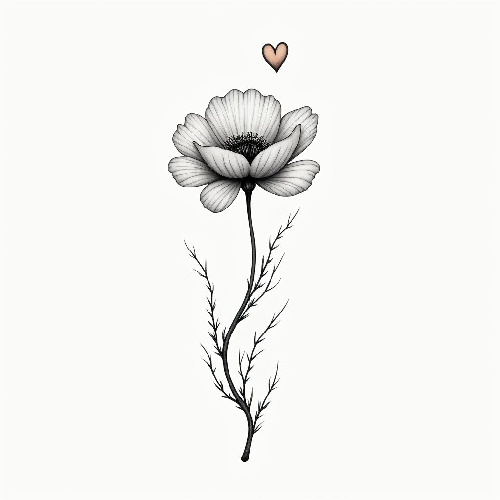 Simple poppy flowerin Modest style tattoo, featuring soft, delicate line work with simple and meaningful symbols, gentle waves, a heart, evoking a sense of serenity and grace, - Variation 2