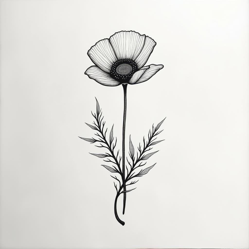 Simple poppy flowerin Modest style tattoo, featuring soft, delicate line work with simple and meaningful symbols, gentle waves, a heart, evoking a sense of serenity and grace, - Variation 3