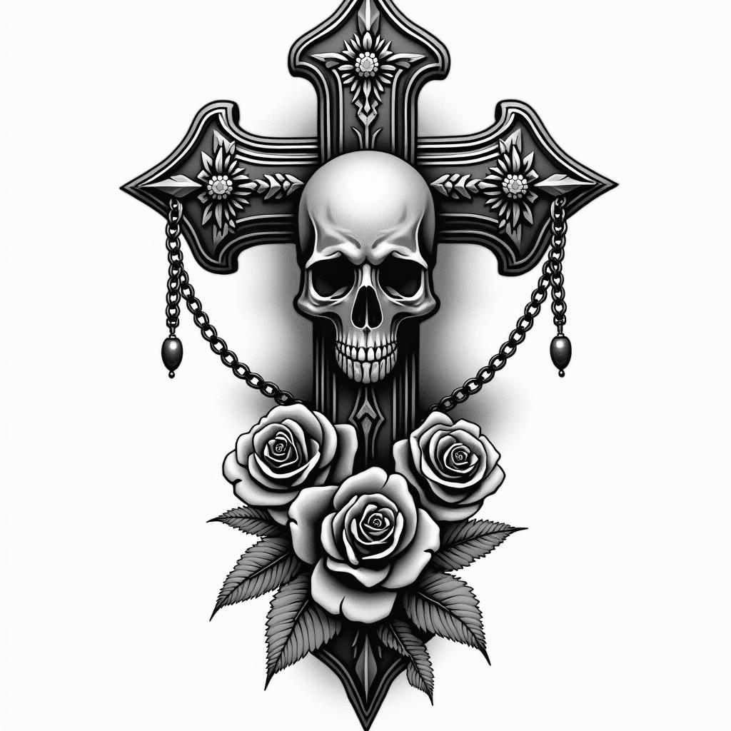 Life of a mix race kid growing upin chicano style tattoo, featuring intricate black and grey shading, bold elements of traditional chicano culture symbols, add a big cross with skull, chains and roses - Variation 2
