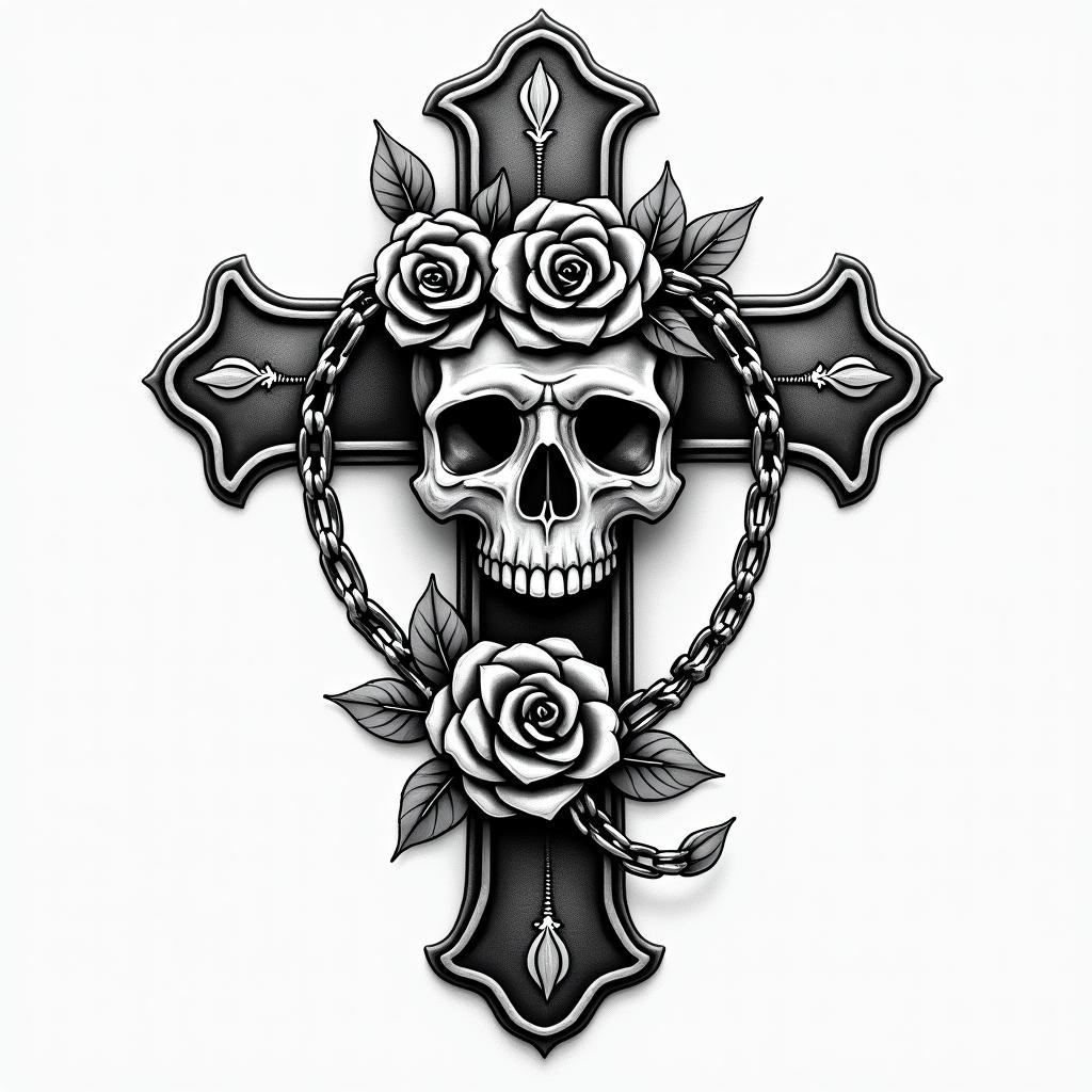 Life of a mix race kid growing upin chicano style tattoo, featuring intricate black and grey shading, bold elements of traditional chicano culture symbols, add a big cross with skull, chains and roses - Variation 4