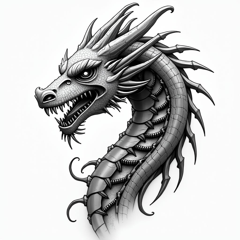Dragon dnd styletattoo in biomechanic style, the tattoo covered by robotic elements of futuristic cyberpunk design, robotic features detail, showcasing intricate mechanical components