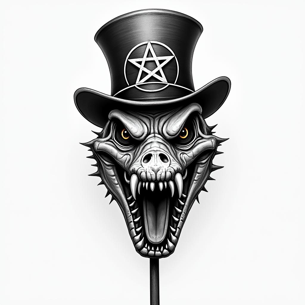 Alligator with Top hat & caneYep (creepy horror tattoo style, featuring an eerie and unsettling skull of a demonic creature, distorted face with sharp fangs, add pentagram symbol
