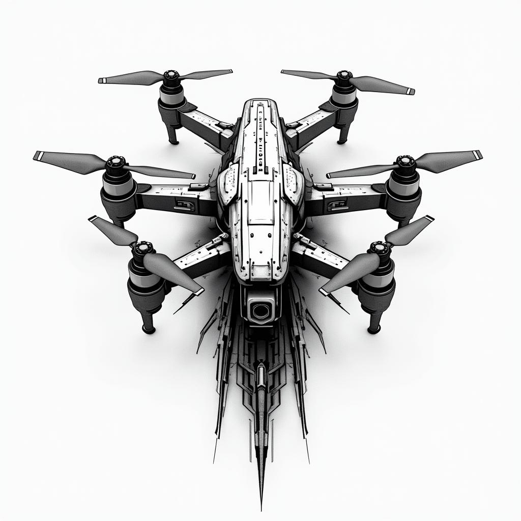 I want a picture of the DJI logo with some drones flying past ittattoo in biomechanic style, the tattoo covered by robotic elements of futuristic cyberpunk design, robotic features detail, showcasing intricate mechanical components - Variation 3