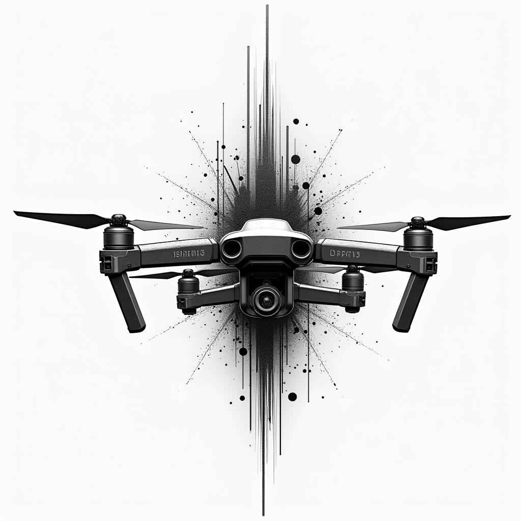 I want a picture of the DJI logo with some drones flying past ittattoo in biomechanic style, the tattoo covered by robotic elements of futuristic cyberpunk design, robotic features detail, showcasing intricate mechanical components - Variation 2