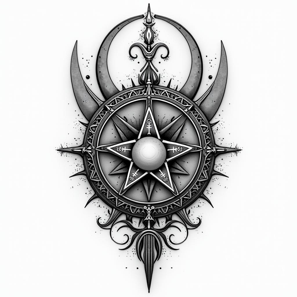 Malettain paganic style tattoo, featuring ancient symbols, add vegvisir symbol, mystical figures, incorporating designs, pentagrams, runes, crescent moons, - Variation 3