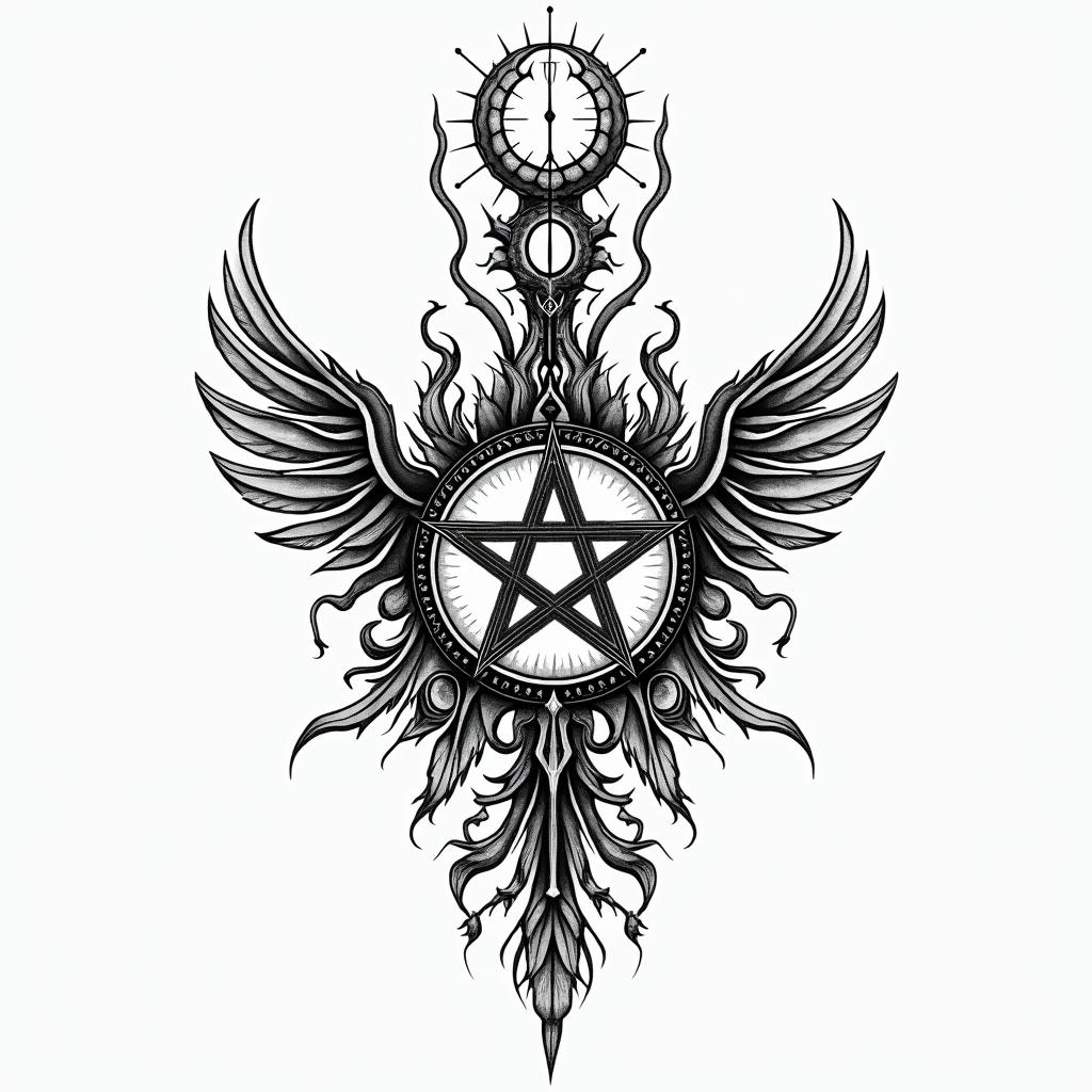 Malettain paganic style tattoo, featuring ancient symbols, add vegvisir symbol, mystical figures, incorporating designs, pentagrams, runes, crescent moons, - Variation 4