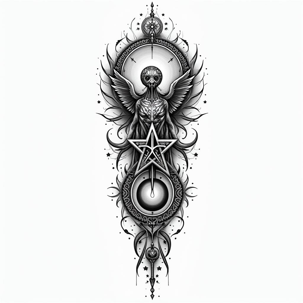 Malettain paganic style tattoo, featuring ancient symbols, add vegvisir symbol, mystical figures, incorporating designs, pentagrams, runes, crescent moons,