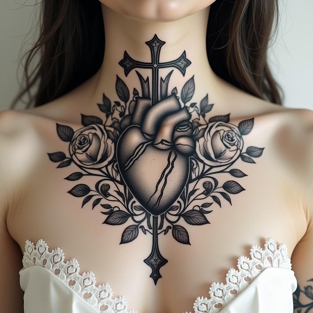 A tribal of roses that entangle a human heart which is pierced by a thin Cross that continues in tribal.in victorian style tattoo, featuring vintage and elegant elements, ornate frames, roses, antique, sepia-toned color scheme