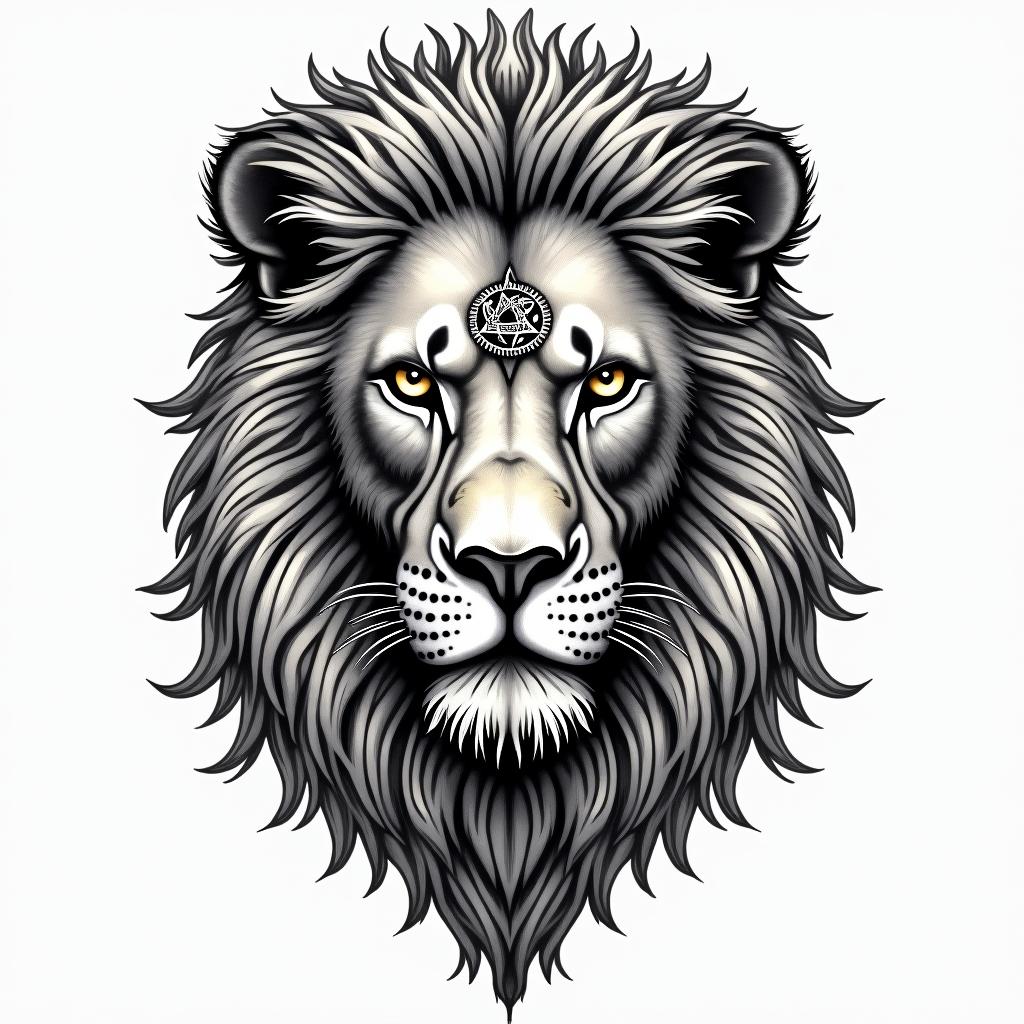 Lion, mystical, with a witch's knot on its forehead, penetrating gaze, in many colors.in paganic style tattoo, featuring ancient symbols, add vegvisir symbol, mystical figures, incorporating designs, pentagrams, runes, crescent moons, - Variation 2