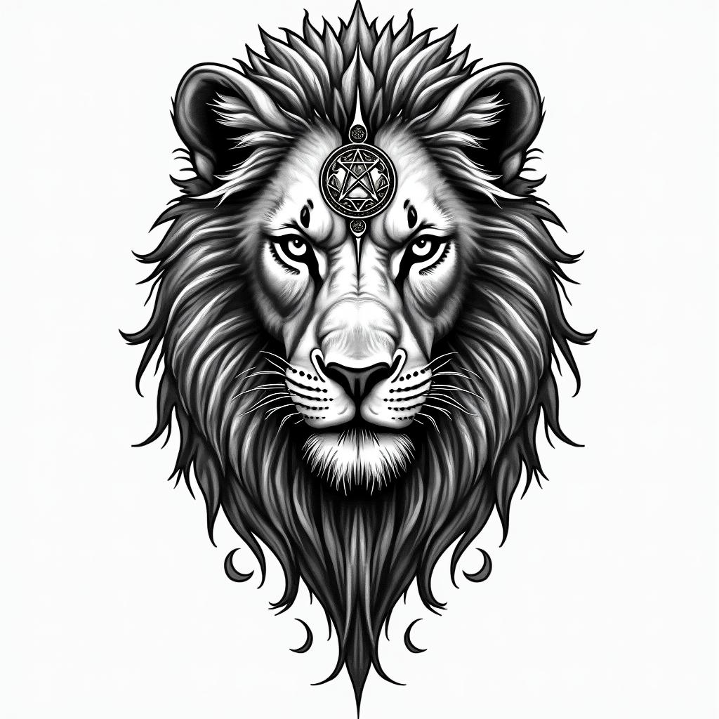 Lion, mystical, with a witch's knot on its forehead, penetrating gaze, in many colors.in paganic style tattoo, featuring ancient symbols, add vegvisir symbol, mystical figures, incorporating designs, pentagrams, runes, crescent moons, - Variation 4