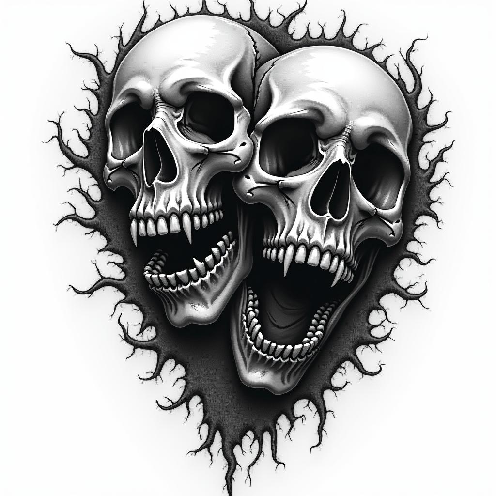 Disney goth horror in horror tattoo style, showcasing haunting and unsettling, dark and gritty textures with skulls, eerie faces, jgged designs, bold and intense shading