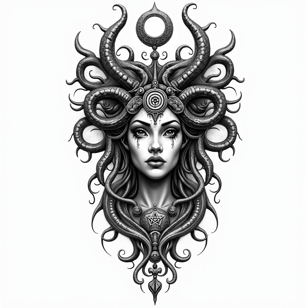 Andrea, Medusa, Librain paganic style tattoo, featuring ancient symbols, add vegvisir symbol, mystical figures, incorporating designs, pentagrams, runes, crescent moons,