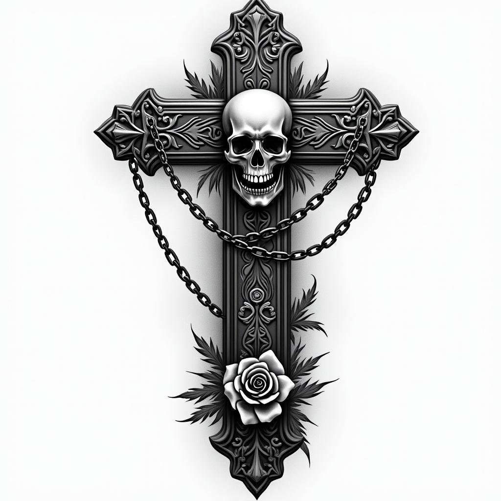 Life and deathin chicano style tattoo, featuring intricate black and grey shading, bold elements of traditional chicano culture symbols, add a big cross with skull, chains and roses - Variation 3