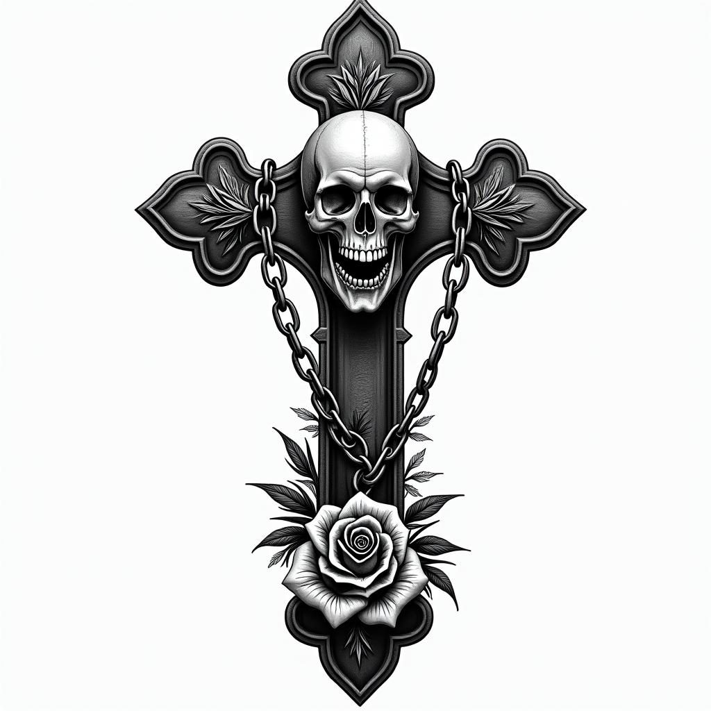 Life and deathin chicano style tattoo, featuring intricate black and grey shading, bold elements of traditional chicano culture symbols, add a big cross with skull, chains and roses - Variation 2