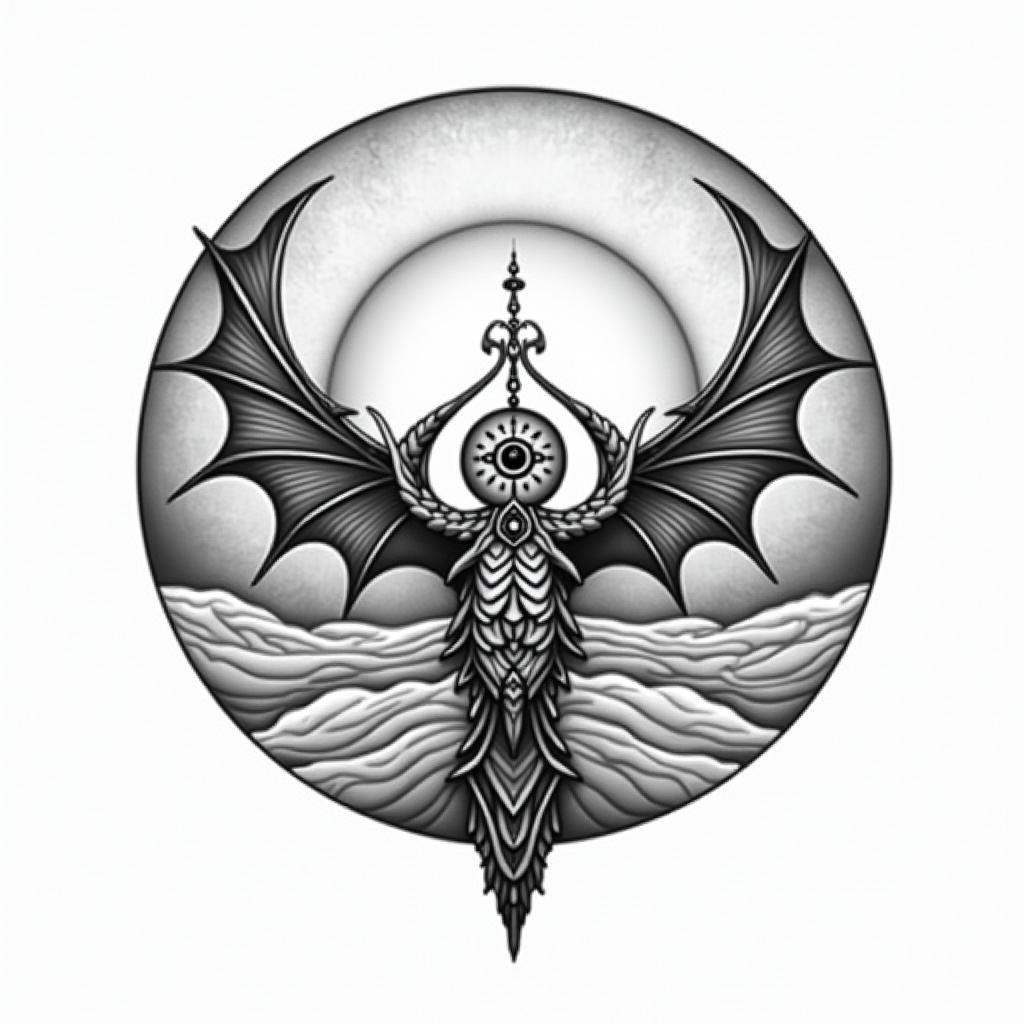 Flowing water, enlightened soul, full moon,year of the dragon, 88in spiritual symbols tattoo style, featuring an intricate design incorporating elements, Hamsa hand, third eye, minimalist composition