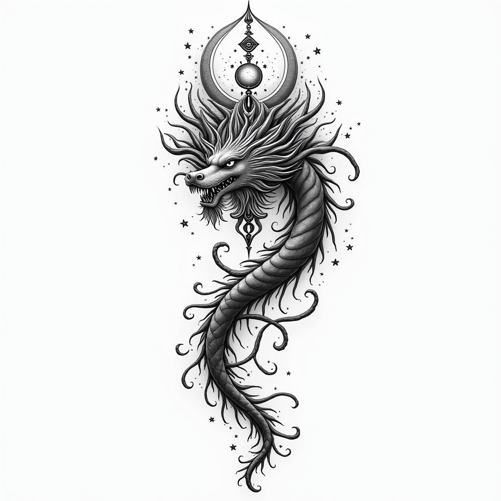 Flowing water, enlightened soul, full moon,year of the dragon, 88in spiritual symbols tattoo style, featuring an intricate design incorporating elements, Hamsa hand, third eye, minimalist composition - Variation 2