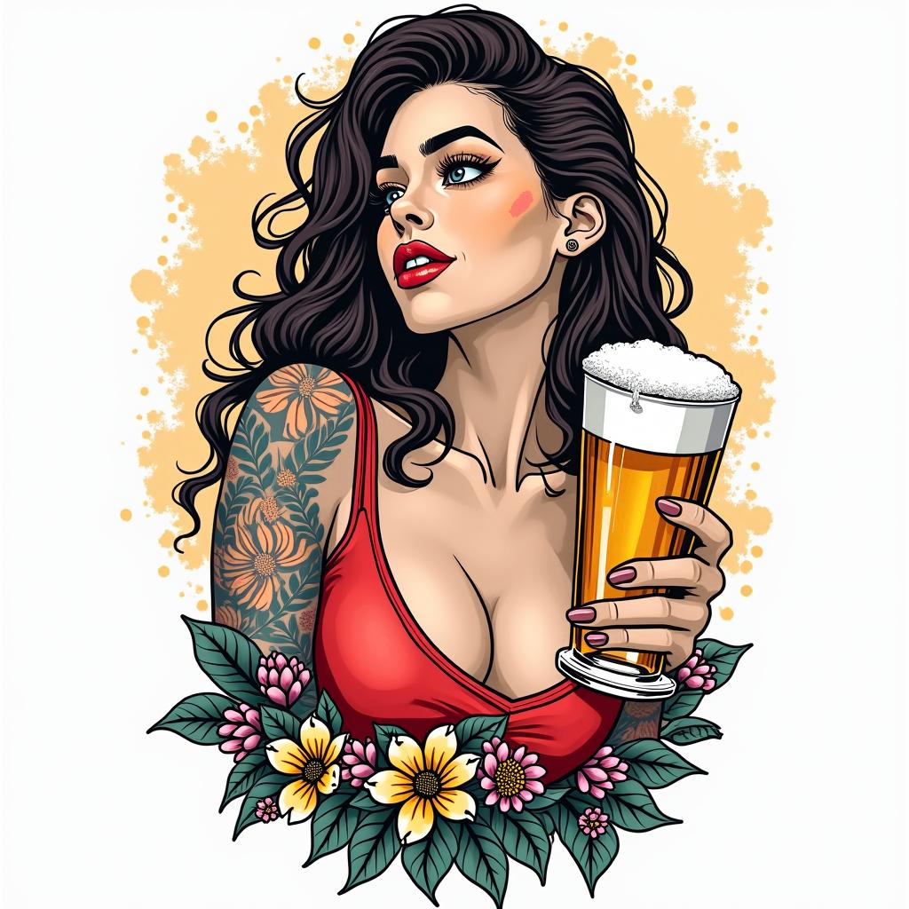 My name is Genesis, I am a lesbian and I like beer and living life happily.in pop art style tattoo, featuring bold and vibrant colors, exaggerated outlines, iconic imagery, inspired by comic books and speech bubbles, comic book characters, retro pop culture