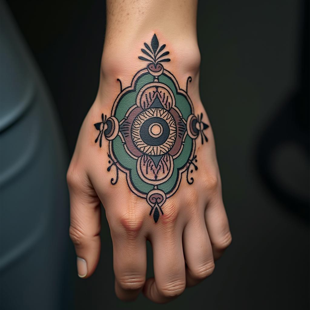 Samahyel Scorpio Puerto Vallartain spiritual symbols tattoo style, featuring an intricate design incorporating elements, Hamsa hand, third eye, minimalist composition - Variation 2