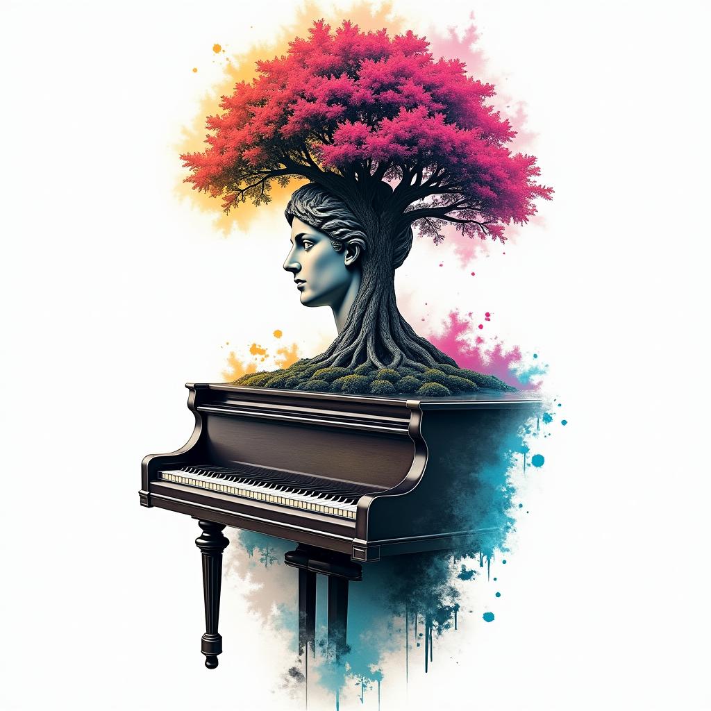 Piano fused with treein distorted and fragmented tattoo design, featuring a classical statue bust, in a glitch art style with vibrant, overlapping colors of cyan, magenta, and yellow, creating a digital distortion effect - Variation 2