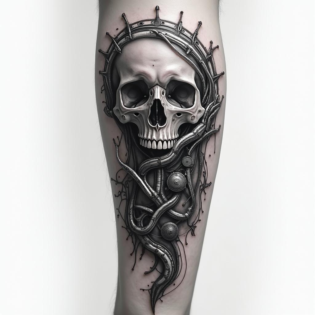 SAH blood vesselstattoo in biomechanic style, the tattoo covered by robotic elements of futuristic cyberpunk design, robotic features detail, showcasing intricate mechanical components