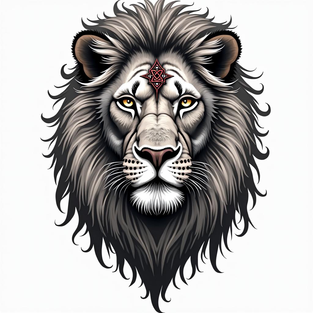 Lion, mystical, with a witch knot on its forehead, piercing gaze, in many colors.in bohemian style tattoo, 8k - Variation 3