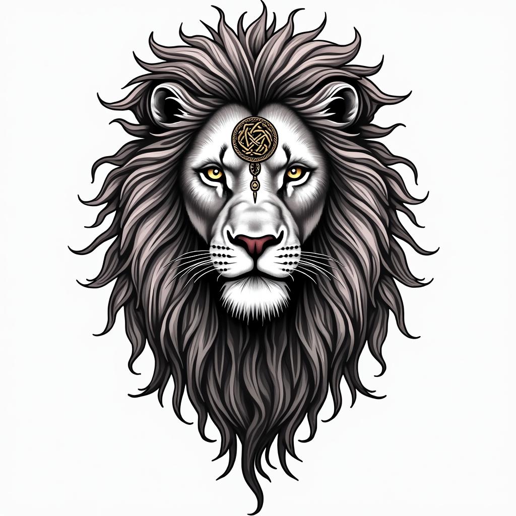 Lion, mystical, with a witch knot on its forehead, piercing gaze, in many colors.in bohemian style tattoo, 8k