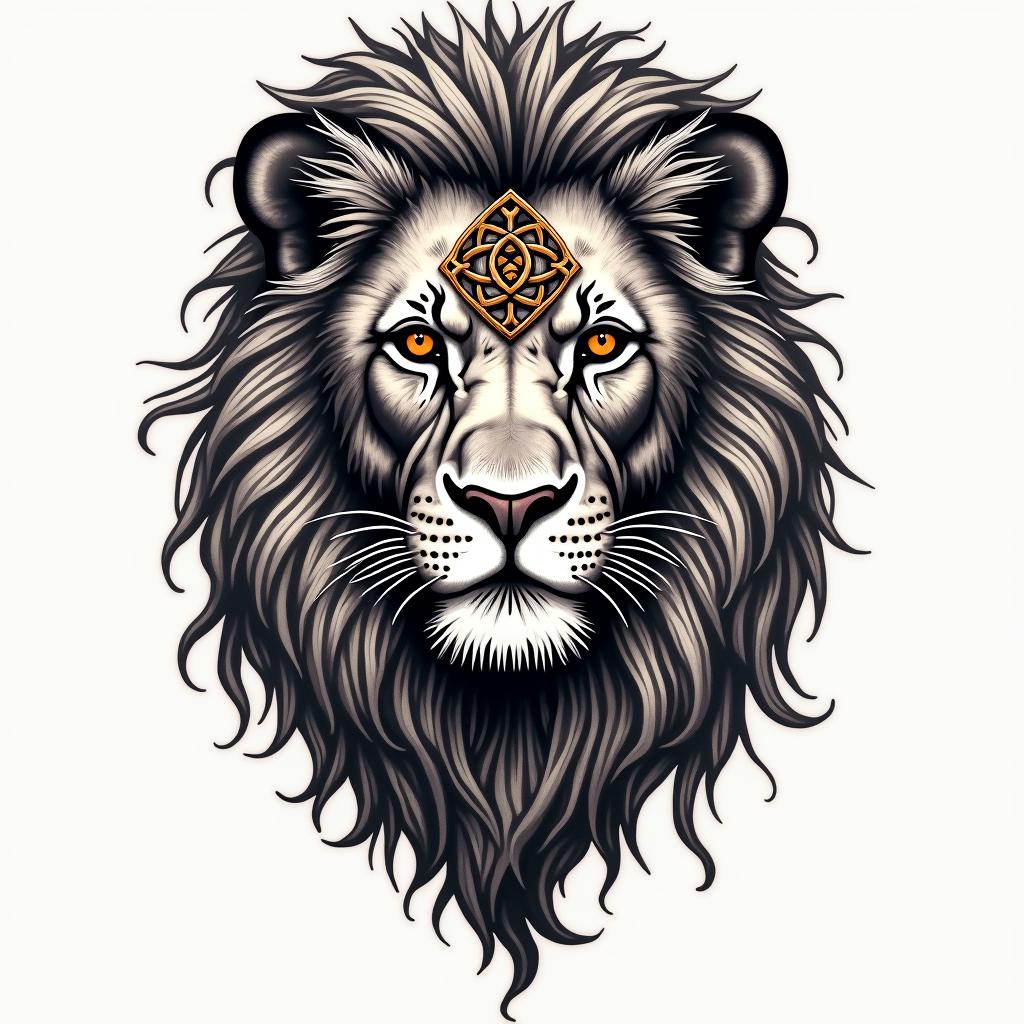 Lion, mystical, with a witch knot on its forehead, piercing gaze, in many colors.in bohemian style tattoo, 8k - Variation 4
